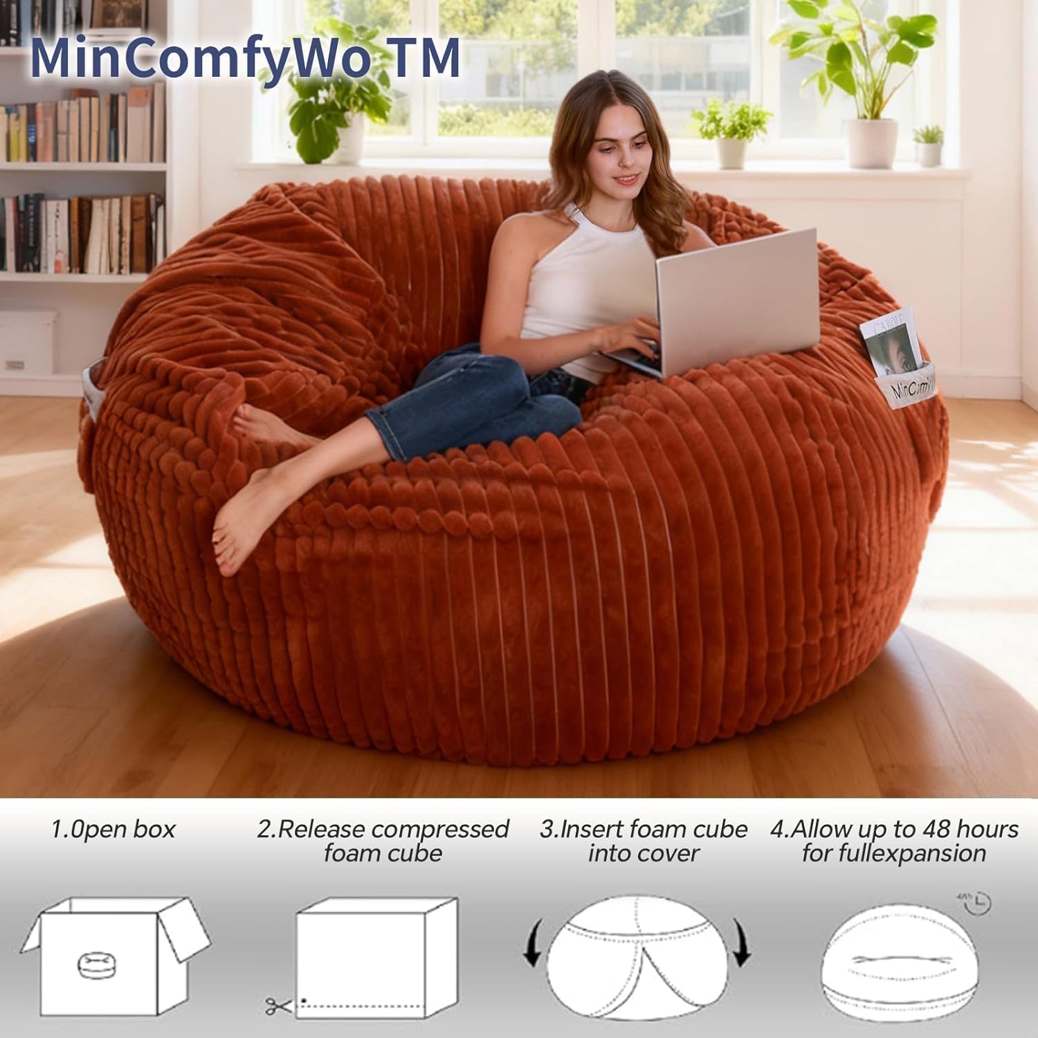 The BigOne Beanbag Family Giant Round Bean Bag Chair-Spacious Comfort Bean Bags Bed for Families, Premium Materials, Perfect for Living Room or Entertainment Room-Cover-Stripe Fur-Brown