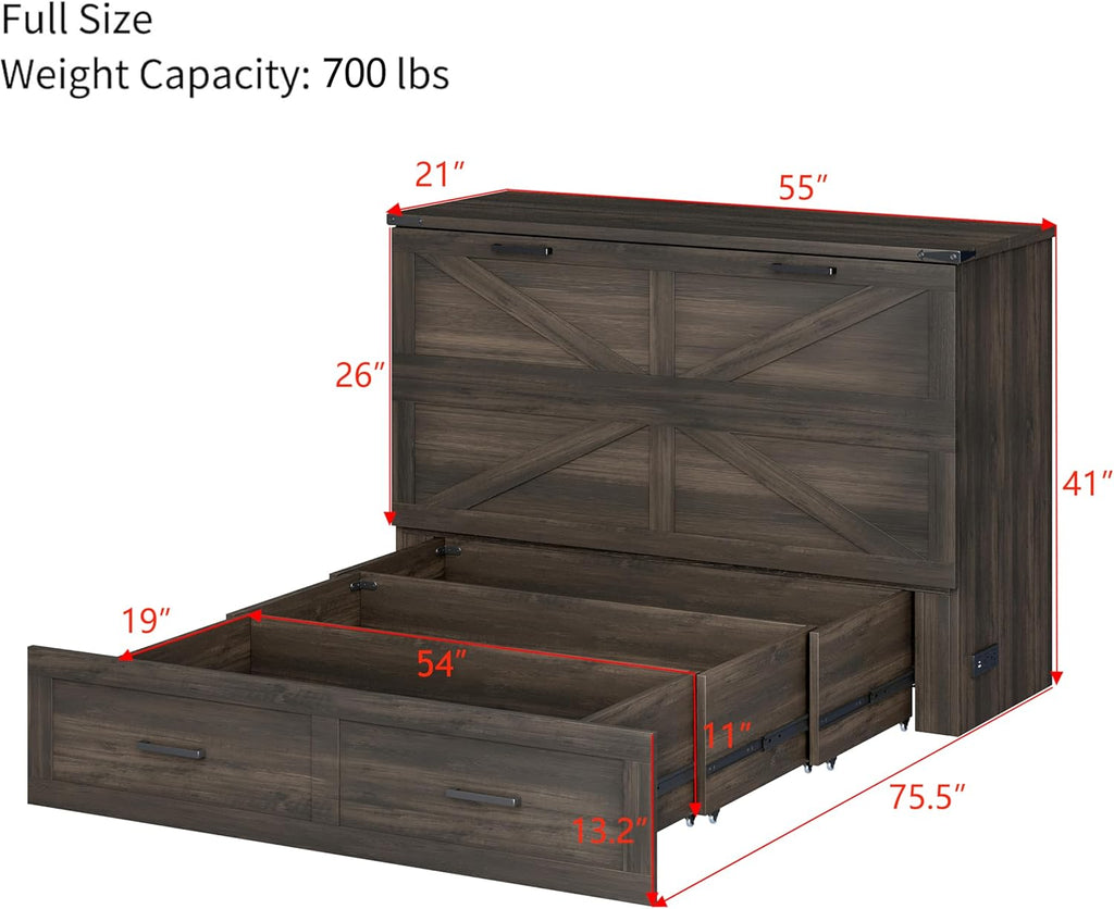 Bellemave Full Size Murphy Bed with Charging Station and Storage, Farmhouse Murphy bedframe with Foldable Panel, Noisy Free, for Guest Bedroom, Living Room, Office, Rustic Gray
