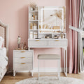 GarveeHome Makeup Vanity Desk with Mirror and Lights, 5-Drawer Vanity Table with Stool and Removable Side Storage Cabinet, Space-Saving Vanity Set for Bedroom