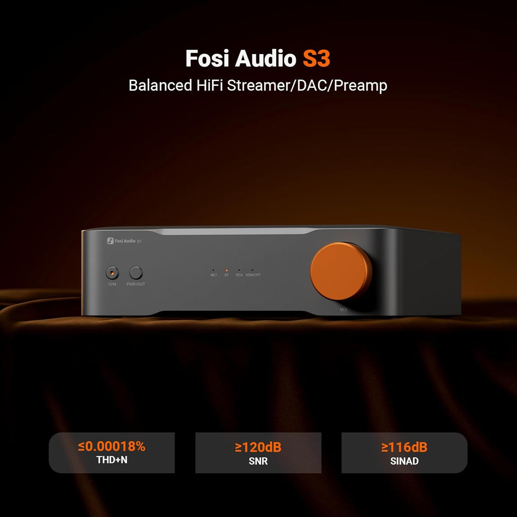 Fosi Audio S3 HiFi Music Streamer DAC Preamp, AK4493SEQ DAC Wi-Fi 6 Bluetooth 5.3, Digital Transport with XLR Balanced/Optical/Sub Out/HDMI eARC, AirPlay 2 Spotify Connect Tidal, 5-Band EQ