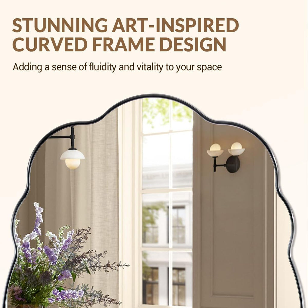 ANDY STAR Brushed Nickel Wavy Oval Bathroom Mirror, 24x36 Inch Silver Asymmetrical Wall Mirror, Unique Irregular Wall Mirror with Sophisticated Curved Design