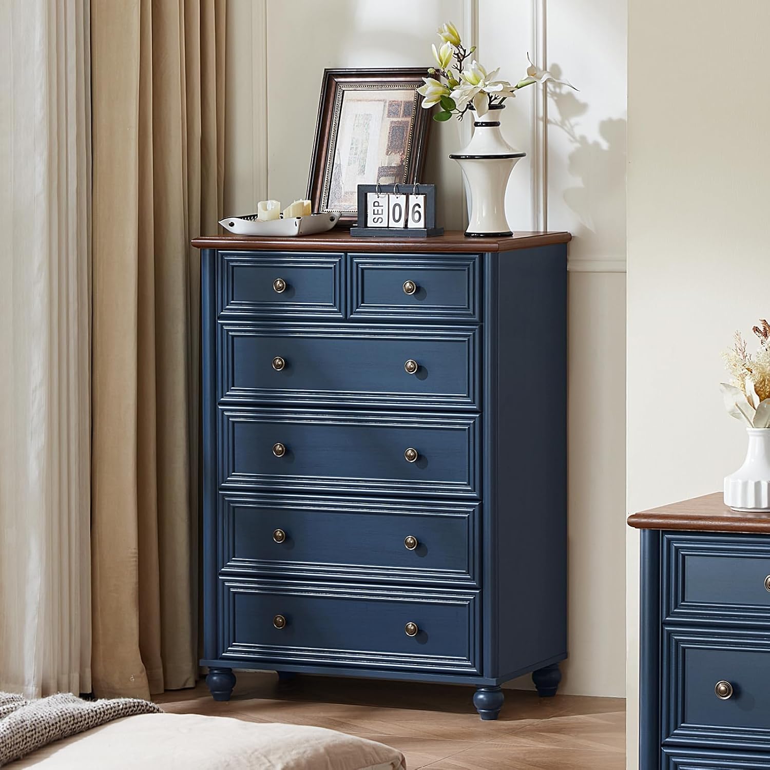 Farmhouse Dressers & Night Stand Set of 4, Wood 54" Wide 7 Drawer Dresser & 43.5" Tall Chest of Drawers, 18"Roman Column Nightstand Set of 2, Bedroom Furniture Dresser Set for Home Living Room Hallway