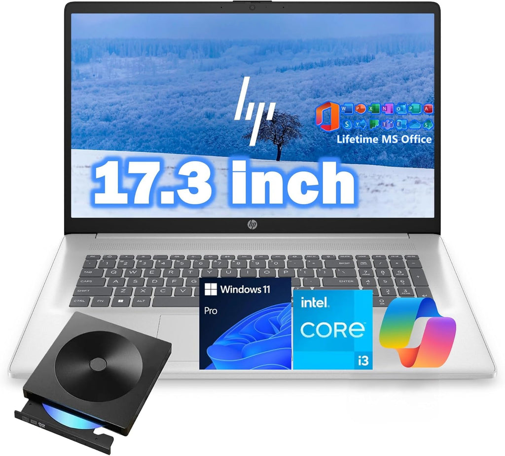 HP 17.3" Laptop Computer, Intel 13th 8-Cores i3-N305 Processor, 32GB RAM, 1TB PCI-E SSD, Windows 11 Pro, Free Lifetime MS Office • Copilot AI, 10-Key Number Pad, External DVD Drive, Natural Silver