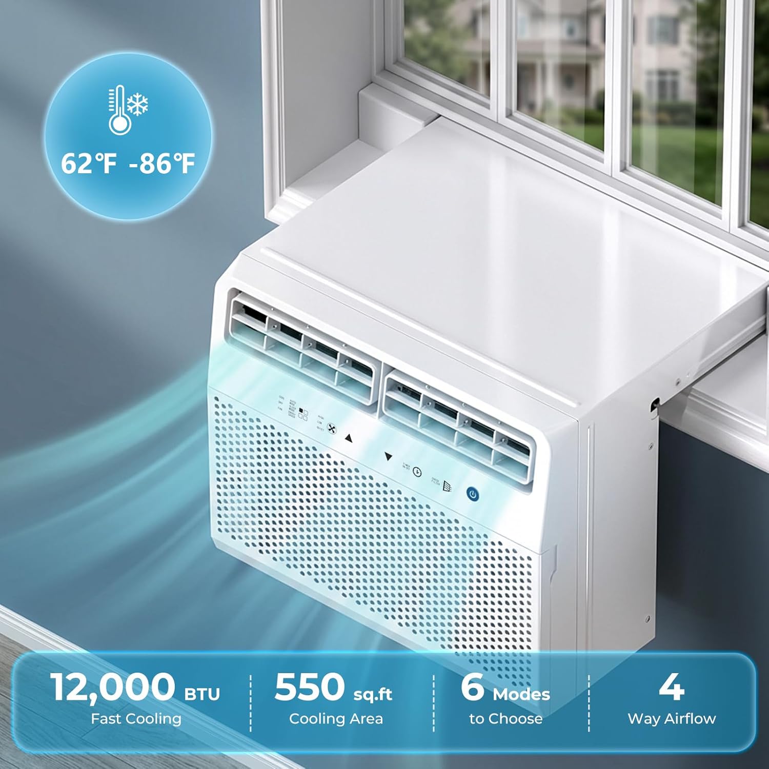 12,000 BTU U-Shaped Window Air Conditioner, Window AC Unit with Dehumidifier, Cools Up to 550 Sq. Ft for Large Rooms, Saddle AC Unit with Full Window View, 4 Fan Speeds, 24H Timer, Sleep Mode