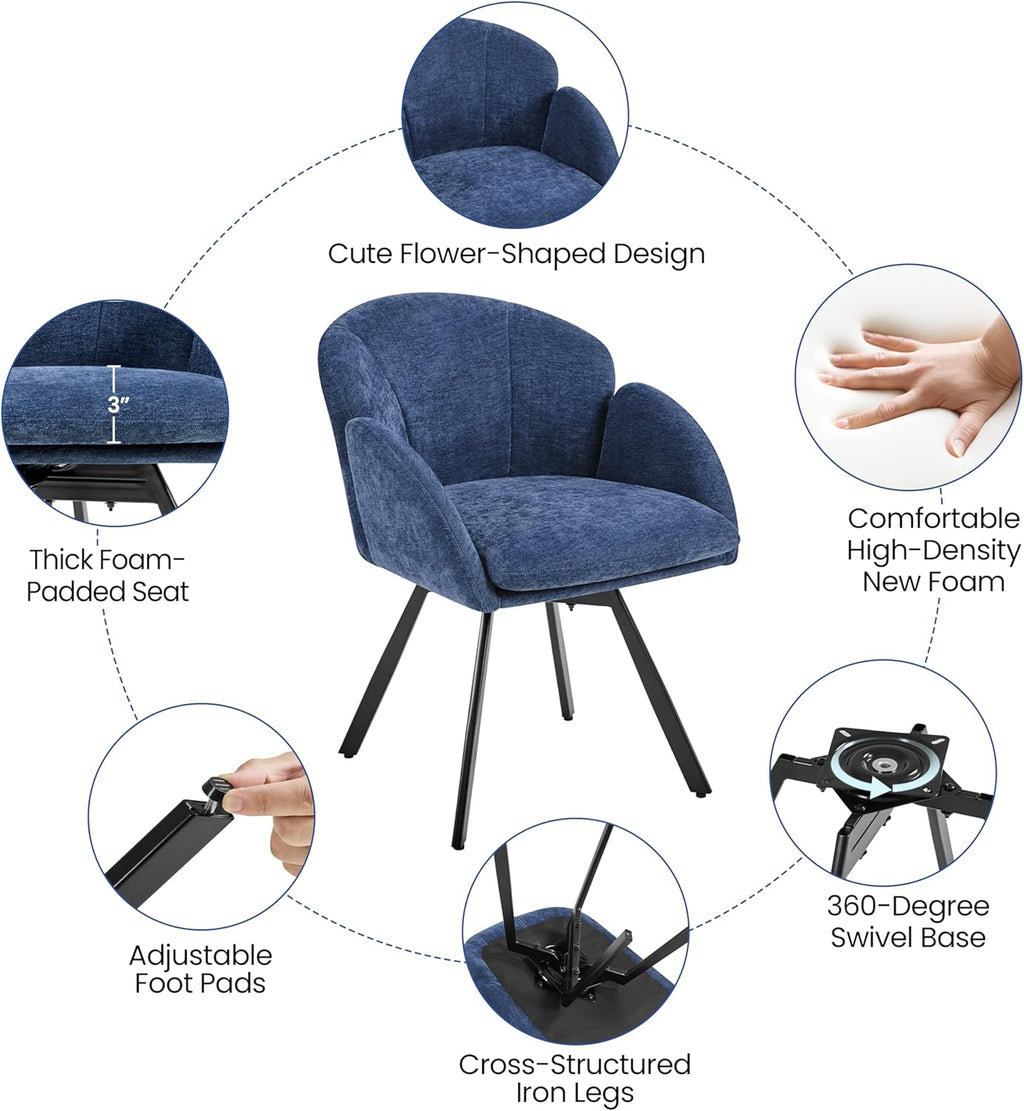 Yaheetech Swivel Accent Chair, Flower Chenille Armchair, Vanity Chair Side Chair with 360-Degree Swivel Base and Seat Cushion for Living Room/Bedroom/Home Office/Makeup, Blue, Set of 2