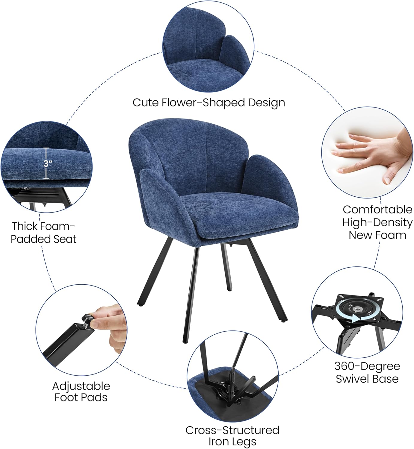 Yaheetech Swivel Accent Chair, Flower Chenille Armchair, Vanity Chair Side Chair with 360-Degree Swivel Base and Seat Cushion for Living Room/Bedroom/Home Office/Makeup, Blue, Set of 2
