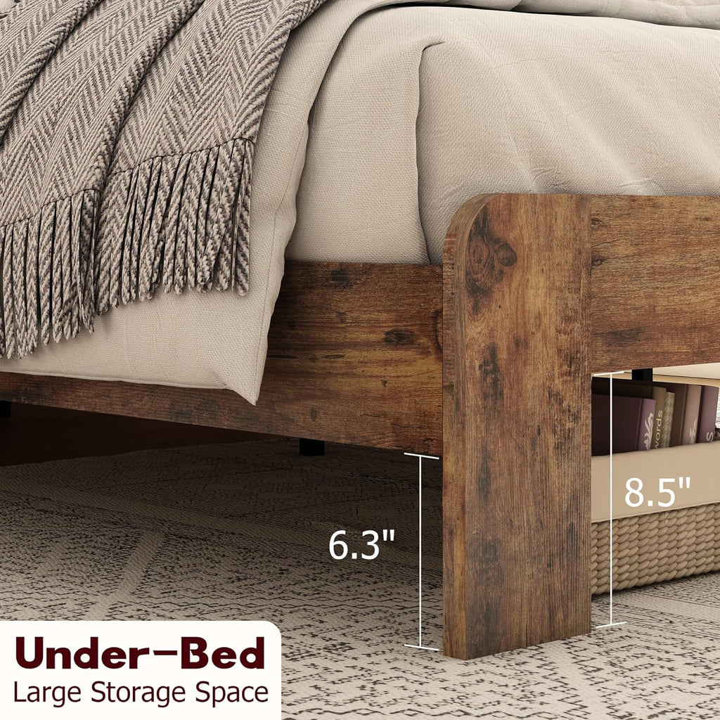 Wooden King Size Bed Frame with Headboard, Rustic Farmhouse Platform Bedframe with Wood Slat Support, Sturdy and No Noise, Easy Assembly (Light Brown/Linear Headboard, King)