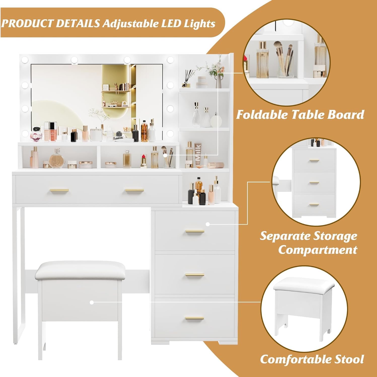 GarveeHome Vanity Desk, Makeup Vanity Table with Mirror & 9 LED Light Bulbs, 4 Large Drawers and 3 Tiers of Open Shelves for Bedroom, White