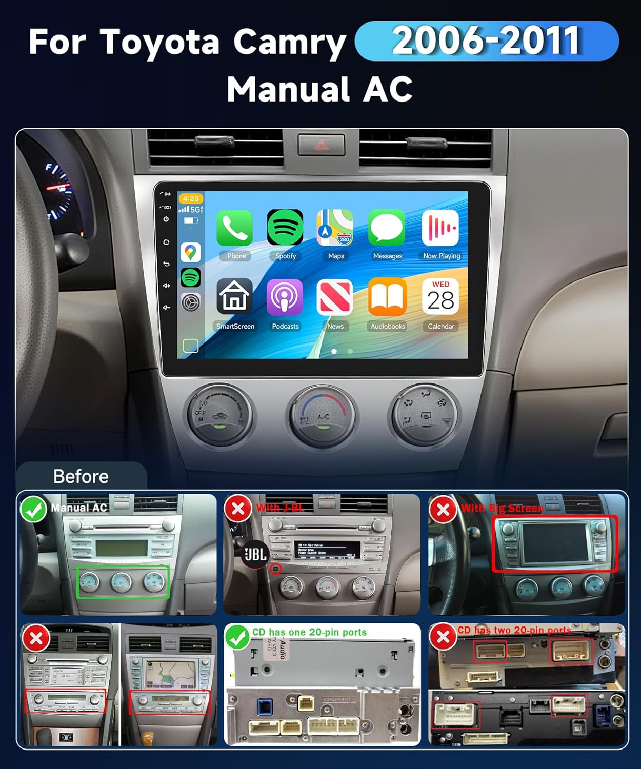 Qualcomm 8Core 4+64G Car Stereo for Toyota Camry 2006-2011 Wireless CarPlay/Android Auto Android Radio with 10.1" IPS Touch Screen,5G WiFi,BT5.1,DSP Hi-Res,GPS,SWC,Backup Camera