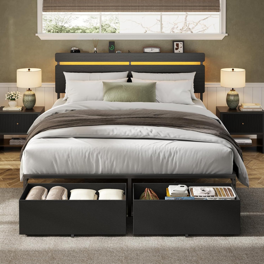 Forestell Queen Bed Frame with Wood Headboard, Black Platform Bed with 2 Storage Drawers & Shelf, Built-in Charging Station & LED Lights, Metal Support, No Box Spring Needed, Cama Queen Size