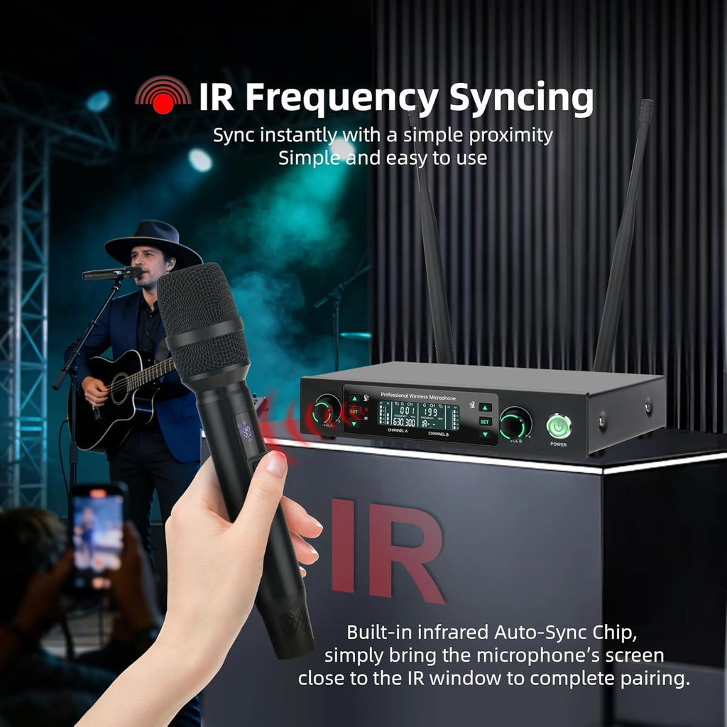 Professional Wireless Microphone System, 500ft Long Range 2.4G Cordless Mic Set with 40H Playtime, Rechargeable Dynamic Microphones Memory Function for Karaoke Singing, DJ, Church, Party, Wedding