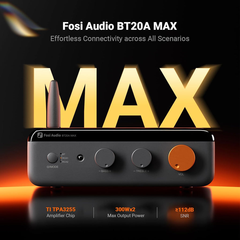 Fosi Audio BT20A MAX Stereo Power Amplifier, 300W x 2 Hi-Fi Audio Amp with PFFB Technology, LDAC Bluetooth 6.0, Dual Independent Power Supply, Remote Control, Perfect for 2.1 Systems & Home Audio