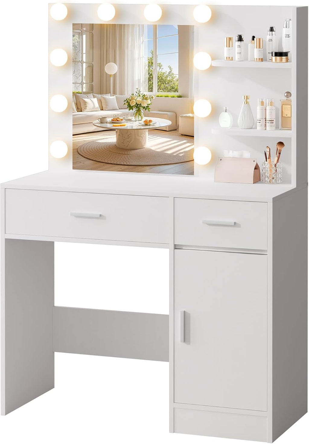 LIVELYGLOW White Makeup Vanity with 10 Hollywood Light Bulbs, 35.4" Wide Dressing Table with Large Mirror & Dimming Function, Small Space Vanity Desk with 2 Drawers, Storage Cabinet & Shelves