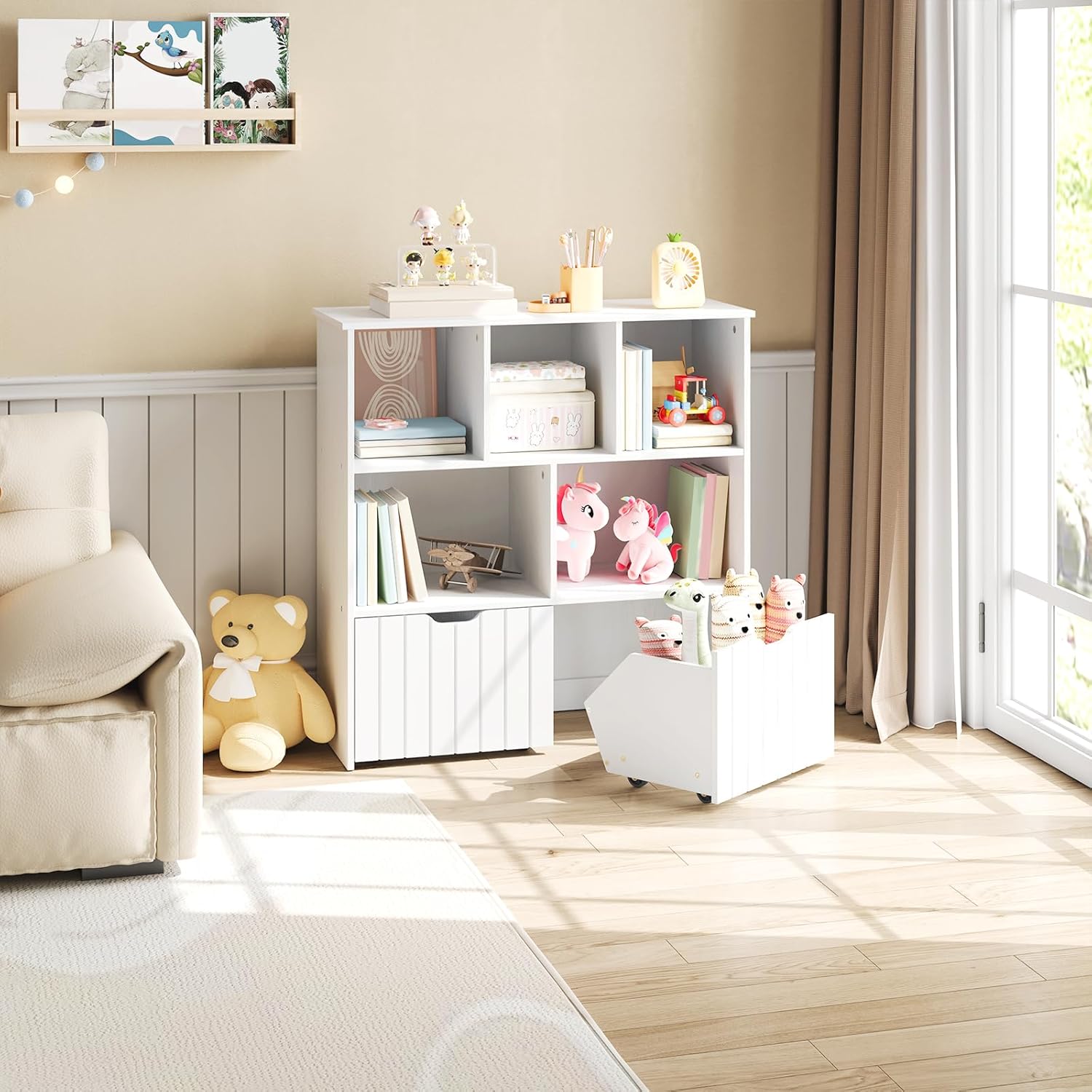 HOOBRO Toy Storage Organizer, Toy Organizers and Storage with 2 Movable Drawers and 5 Cubbies, Toy Chest Shelf for Books or Dolls, Kids Bookshelf and Toy Storage for Playroom, White WT88CW01