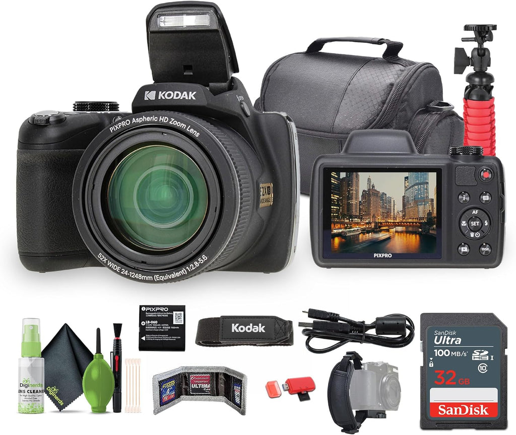 Kodak PIXPRO Astro Zoom AZ528 16MP Vlogging Digital Camera (Black) with 52x Optical Zoom 24mm Wide Angle Lens Bundle with 32GB Memory Card + Vlogger Tripod + Bag + Cleaning Kit + More Accessories