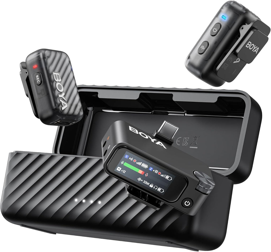 BOYA BOYAMIC 2 Wireless Microphones for iPhone 15-16/Android/PC/Camera,AI Noise Cancellation,32-bit Float Internal Recording,984ft Range, 54H Battery with Charging Case for Recording(without Clip Mic)