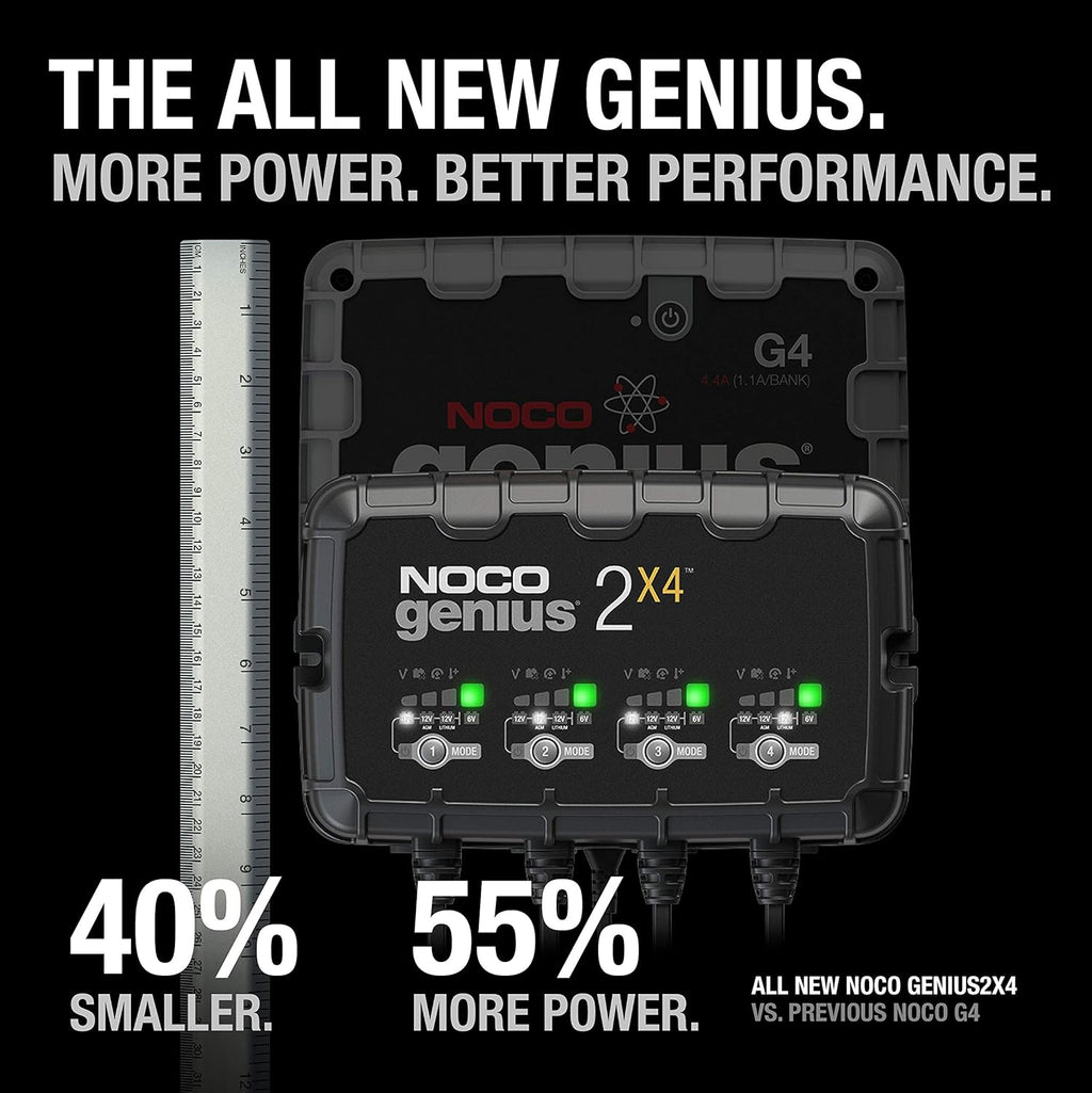 NOCO GENIUS2X4: 8A 4-Bank Smart Battery Charger (2A/Bank) - 6V/12V Automatic Maintainer, Trickle Charger & Desulfator with Overcharge Protection & Temperature Compensation – for Lead-Acid & Lithium