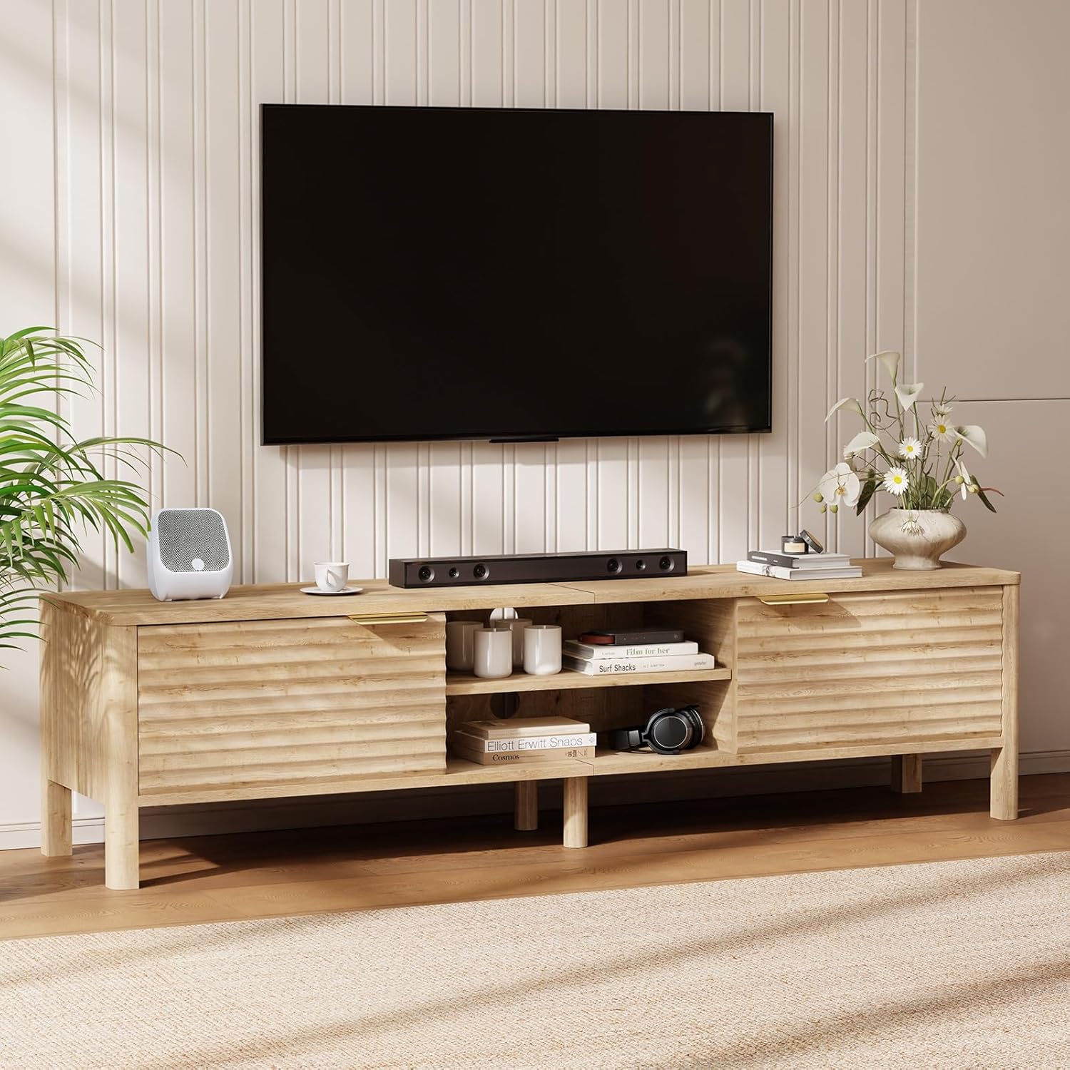 IKALIFE TV Stand for Living Room - up to 65 Inch TVs Mid Century Modern Entertainment Center with Storage and Adjustable Shelves, Media Console Table Oak 59"