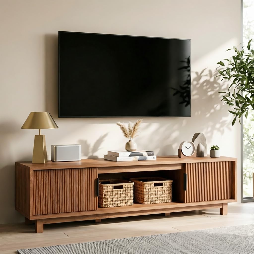 Alpen Fluted TV Stands for Living Room, 70" Mid Century Modern Entertainment Center with Storage, Brown Walnut TV Console for 65/75/80 Inch TV, Wood Television Media Cabinet for Bedroom