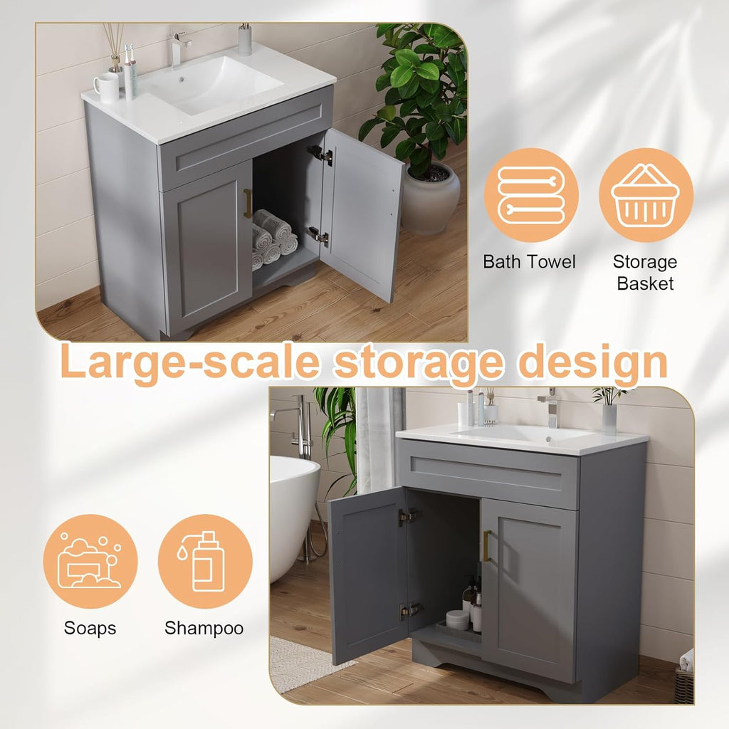 30 Inch Bathroom Vanity with Sink, Modern Bathroom Vanity with Ceramic Basin and Countertop, Easy Assembly, Grey