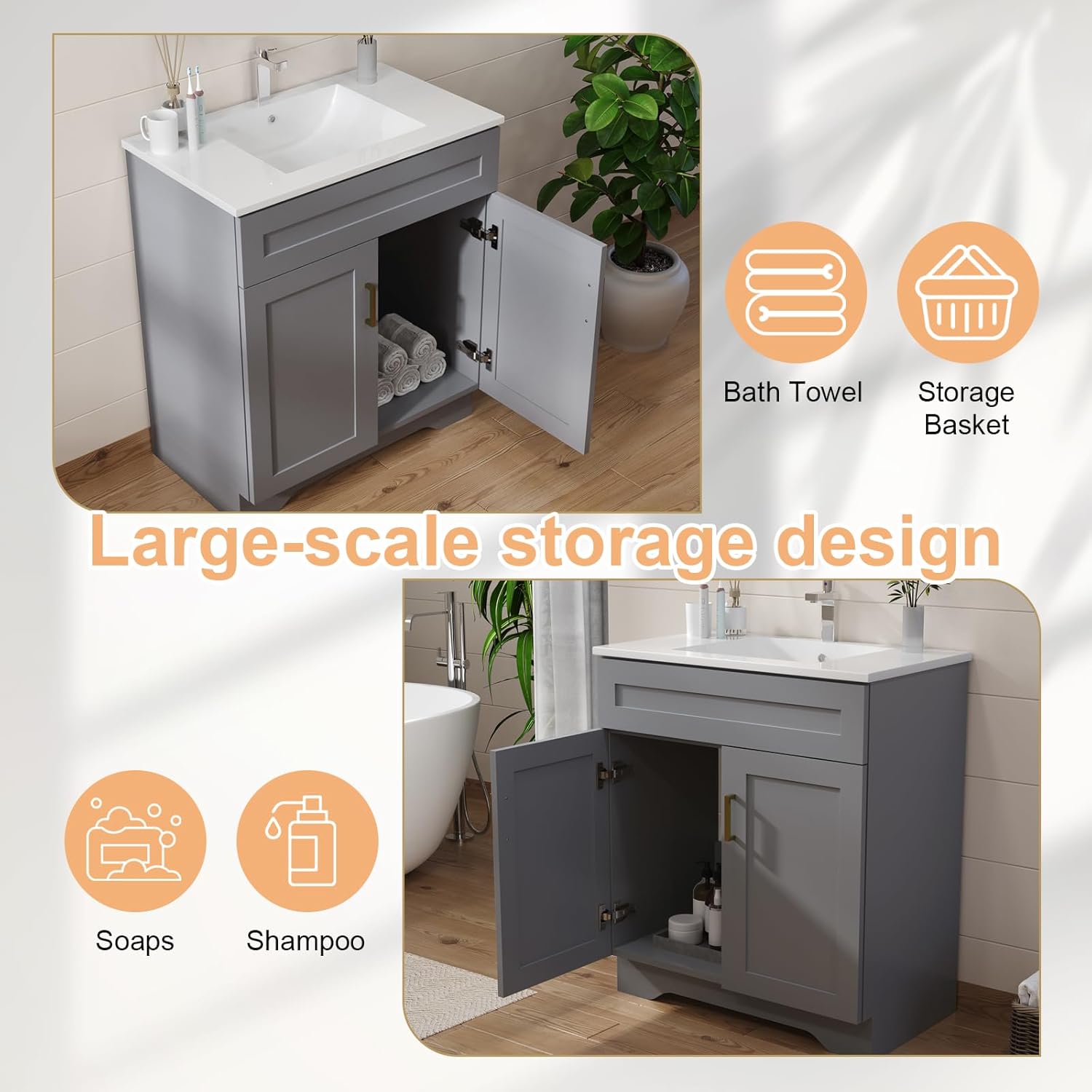 30 Inch Bathroom Vanity with Sink, Modern Bathroom Vanity with Ceramic Basin and Countertop, Easy Assembly, Grey