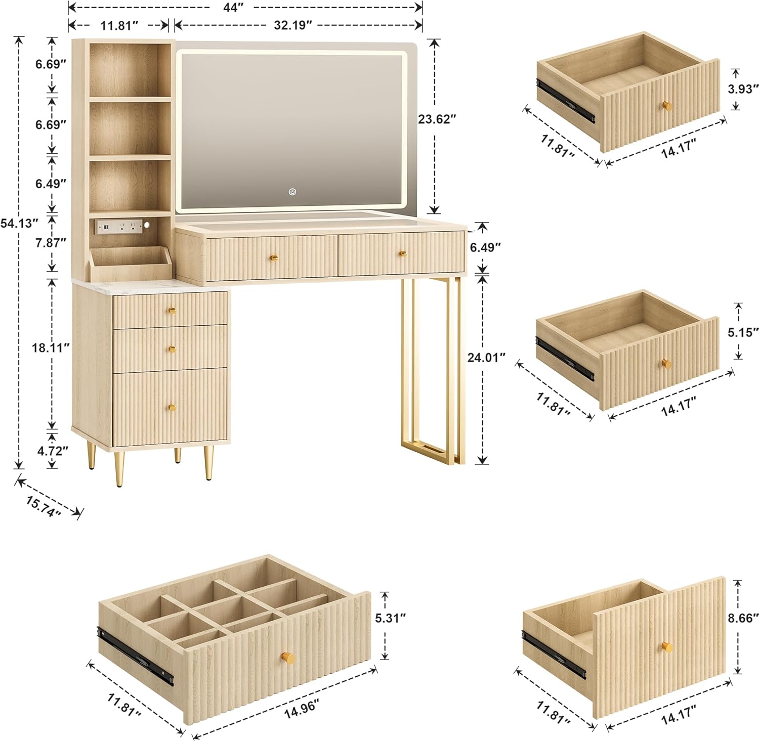 44” Fluted Vanity Desk with 32” Lighted Mirror & Power Outlet, Makeup Vanity with Glass Top, 3 Adjustable Light Colors, Curved Design, 5 Drawers, Modern Dressing Table Set for Bedroom (Oak)
