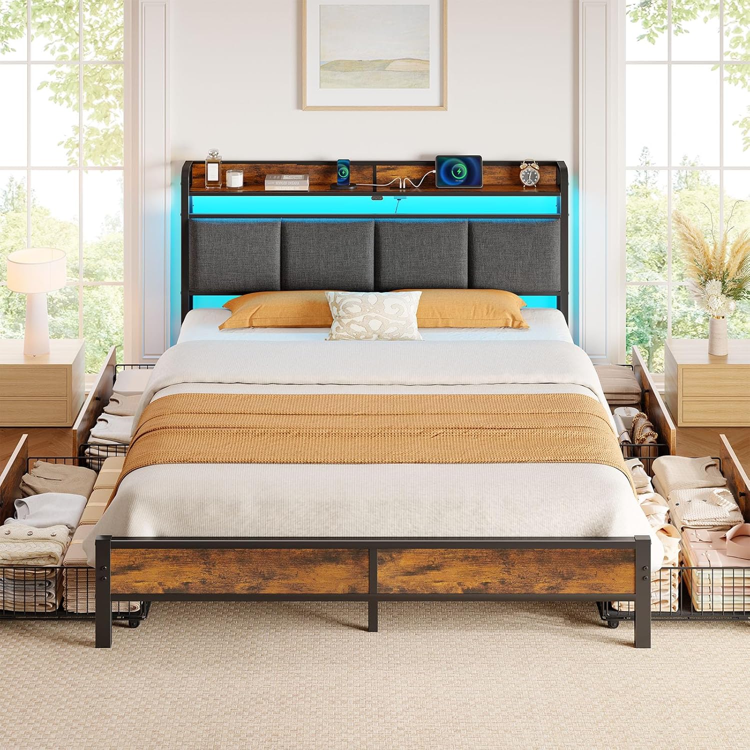 Rolanstar Bed Frame Full Size with Charging Station and LED Lights, Upholstered Storage Headboard with Drawers, Heavy Duty Metal Slats, No Box Spring Needed, Easy Assembly, Rustic Brown