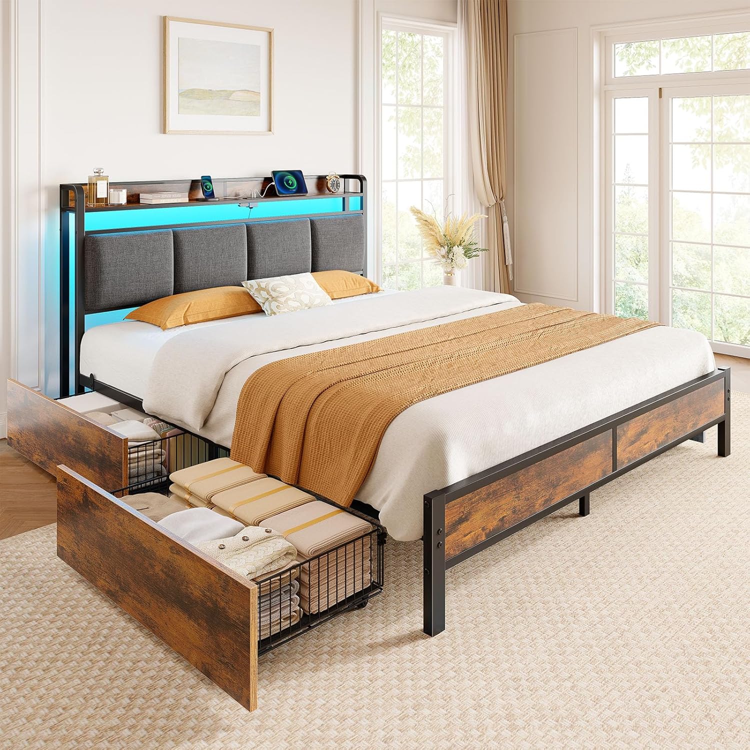 Rolanstar Bed Frame Full Size with Charging Station and LED Lights, Upholstered Storage Headboard with Drawers, Heavy Duty Metal Slats, No Box Spring Needed, Easy Assembly, Rustic Brown