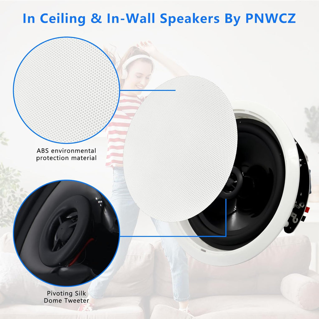 6.5'' Bluetooth in Ceiling Speakers with Wall Amplifier Receiver 600W Flush Mount Ceiling & in-Wall Speaker System for Home Theater Office Bathroom Living Room Kitchen(2Pairs)