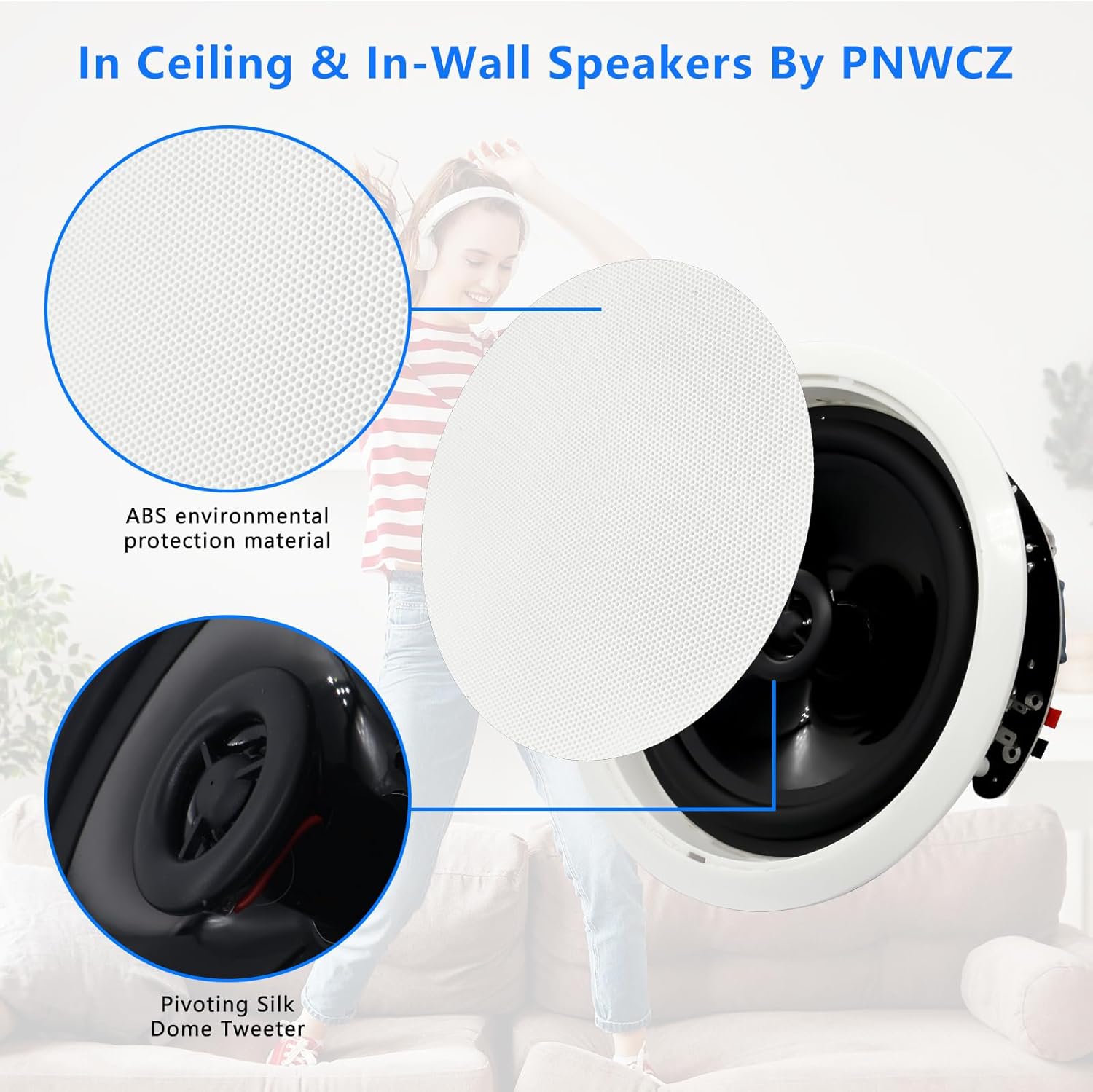 6.5'' Bluetooth in Ceiling Speakers with Wall Amplifier Receiver 600W Flush Mount Ceiling & in-Wall Speaker System for Home Theater Office Bathroom Living Room Kitchen(2Pairs)