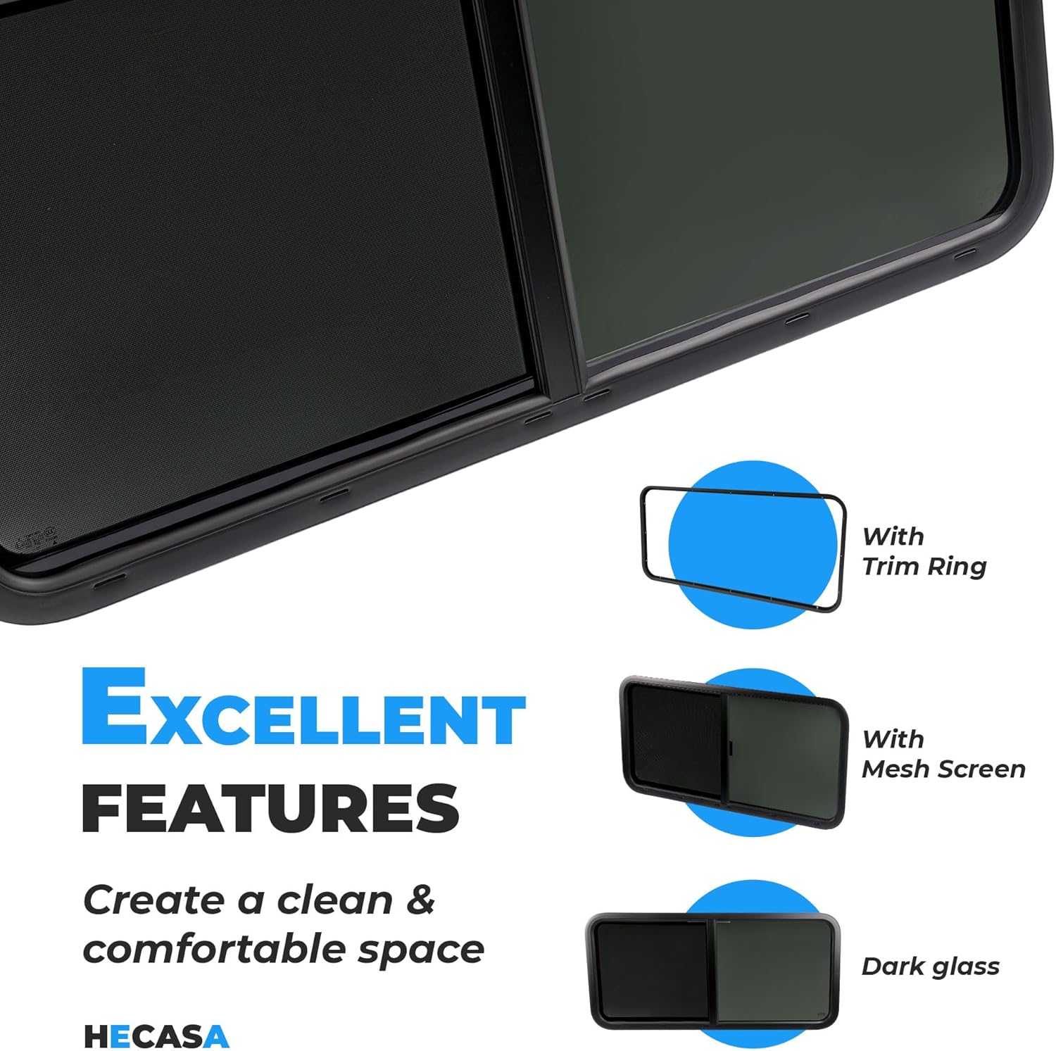 HECASA 48" W x 22" H Horizontal Slide RV Window Replacement W/Net Screen For Cargo Travel Trailer, Camper, Cargo Van