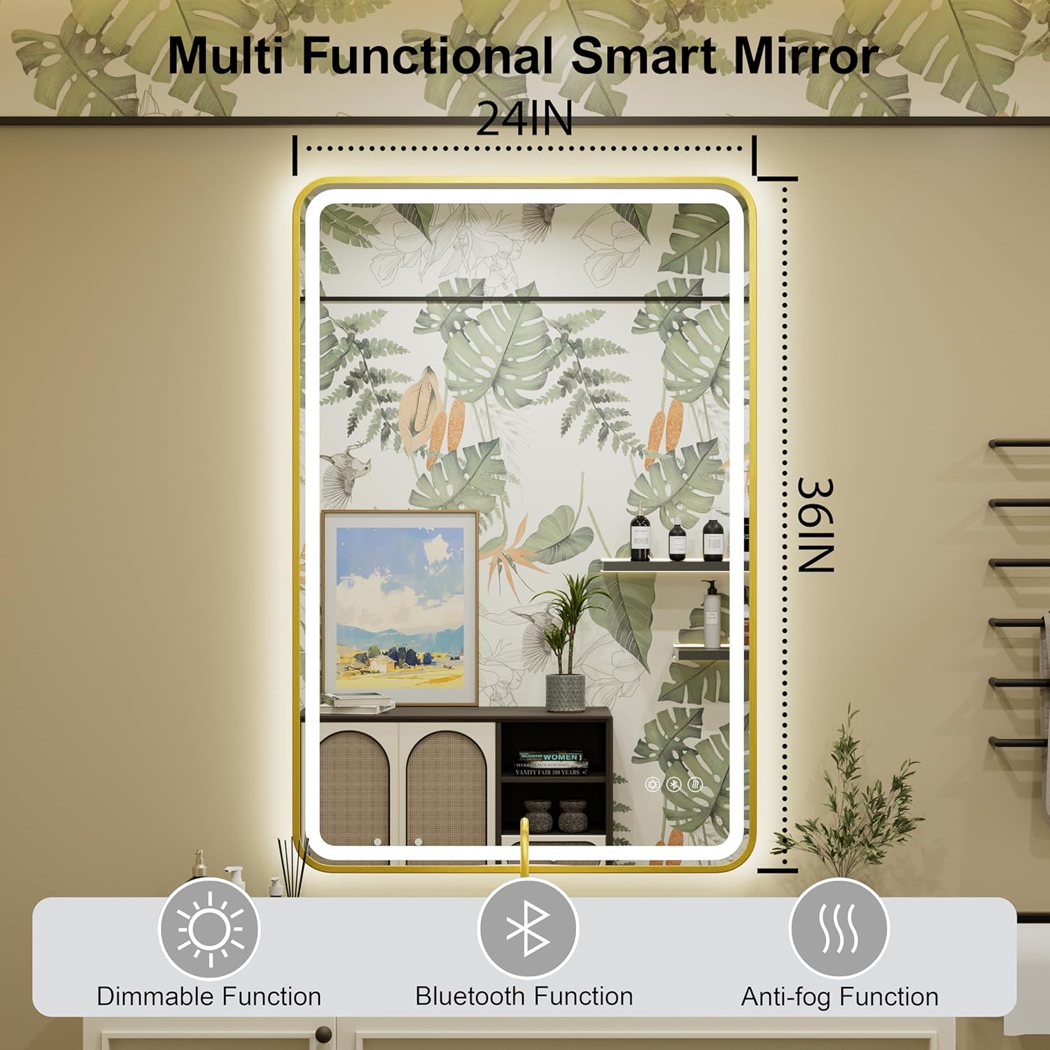 24x36 inch LED Bathroom Mirror with Bluetooth, Adjustable 3000K/4500K/6000K, Stepless Dimming, Anti-Fog, Gold Aluminum Frame Front & Backlit Lighted Wall Mounted Vanity Mirror