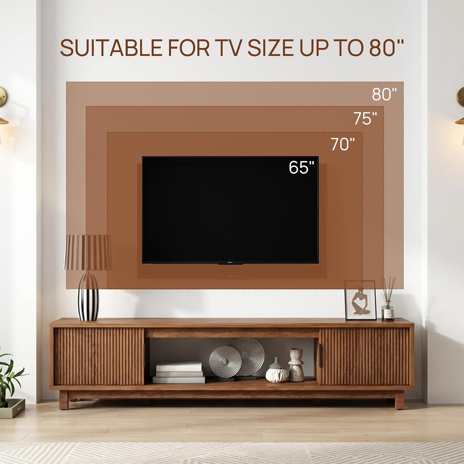 Alpen Fluted TV Stands for Living Room, 70" Mid Century Modern Entertainment Center with Storage, Brown Walnut TV Console for 65/75/80 Inch TV, Wood Television Media Cabinet for Bedroom