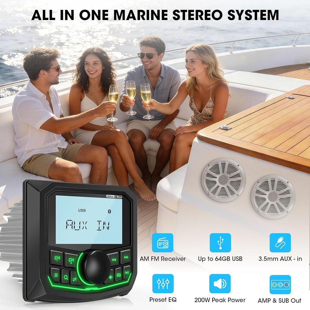Marine Stereo 6.5-Inch Speakers Package: Waterproof Bluetooth Boat Gauge Radio Receiver - LCD Display AUX USB MP3 Subwoofer AM FM for ATV UTV RZR Golf Cart