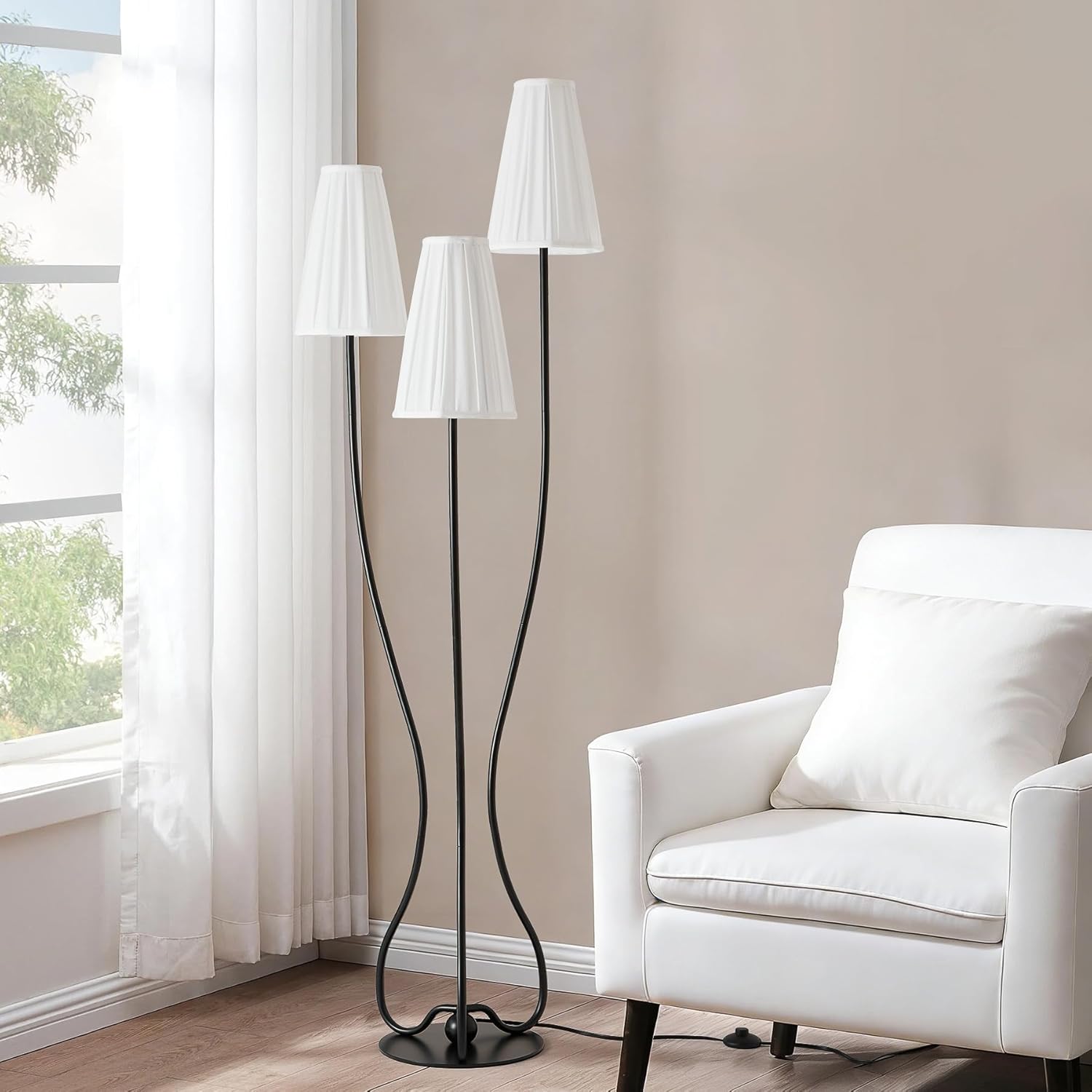 ZenGlimmer Sculptural Vintage Floor Lamp, 3-Light Standing Lamps with Curved Iron Base & Octagonal Linen Pleated Shades, Statement Lighting for Living Room, Bedroom, Studio (Pleated Fabric Shade)