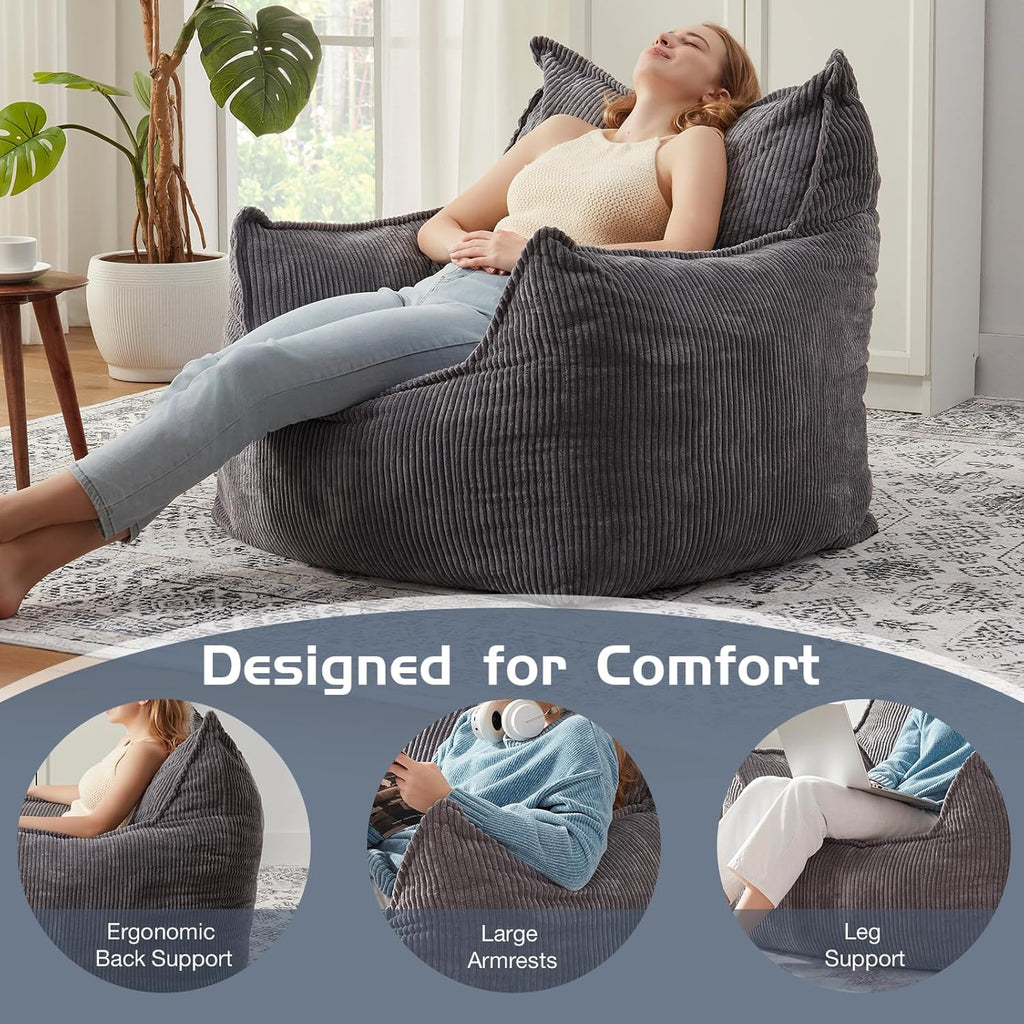 EBENCHICO Giant Bean Bag Chair Sofa for Adults Teens, Comfy Corduroy Large Bean Bag Chairs with Armrests for Bedroom Living Room, Adult BeanBag Lazy Sofa Couch Chairs with Filler Included