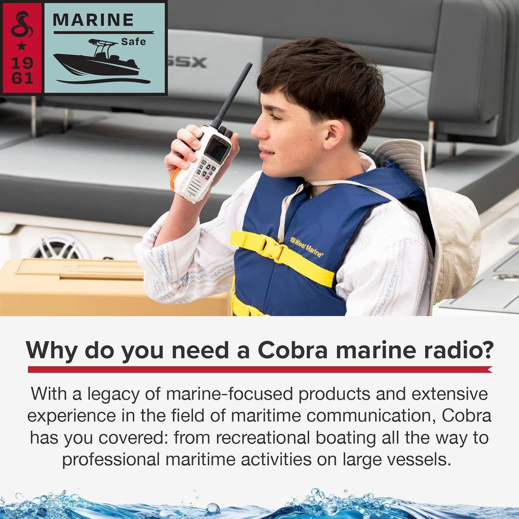 Cobra BlueBound 350 VHF Handheld Marine Radio - White – 6-Watt, Floating, Long Range, NOAA Weather Alerts, International Functionality, IPX7 Waterproof, USB-C, Submersible, LCD Screen, Belt Clip