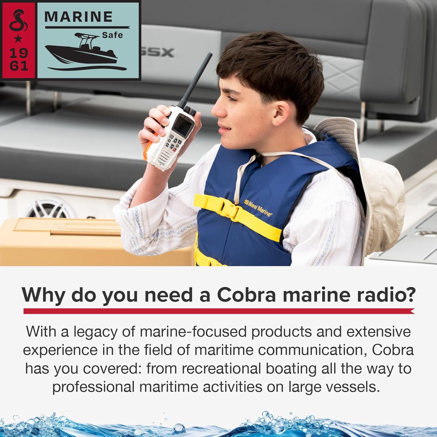 Cobra BlueBound 350 VHF Handheld Marine Radio - White – 6-Watt, Floating, Long Range, NOAA Weather Alerts, International Functionality, IPX7 Waterproof, USB-C, Submersible, LCD Screen, Belt Clip