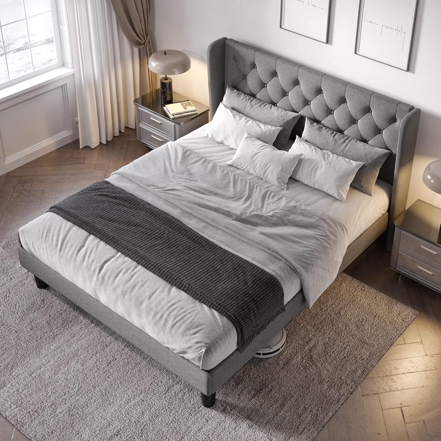 Allewie Queen Size Bed Frame with Button Tufted Wingback Headboard, Modern Upholstered Bed Frame with Solid Wooden Slats Support - No Box Spring Needed, Easy Assembly, Light Grey
