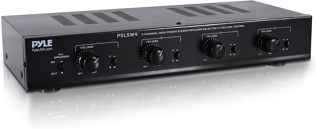 Pyle 4 Channel Speaker Selector Switch - Multi Zone A B Speaker Distribution Controller Box w/Independent Audio Source Volume Control, Supports Home Theater Stereo Amplifier Receiver System - PSLSW4