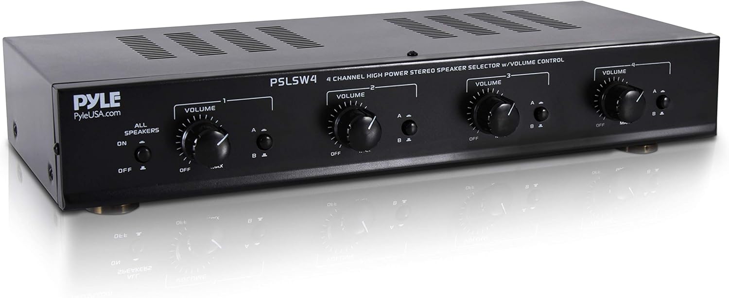 Pyle 4 Channel Speaker Selector Switch - Multi Zone A B Speaker Distribution Controller Box w/Independent Audio Source Volume Control, Supports Home Theater Stereo Amplifier Receiver System - PSLSW4