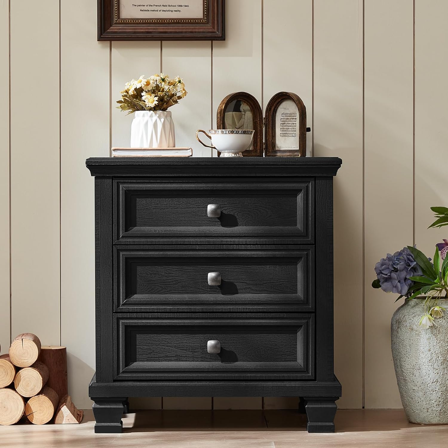 SAVOR LIFE Farmhouse Black Bedroom Sets of 4, Includes 6 Drawer Large Dresser, Vintage Night Stand with 3 Drawers, Small 5 Chest of Drawers, Wood Rustic Dresser & Nightstand Set for Bedroom, Home