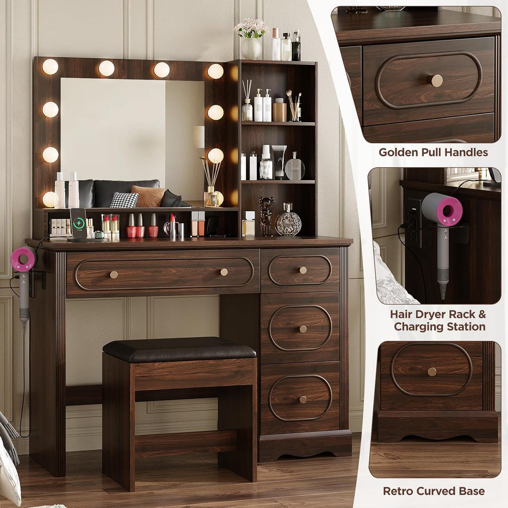 Vabches 42" W Walnut Makeup Vanity Desk with Mirror and Lights and Charging Station, Dark Brown Wood Vanity with Open Storage and Drawers and Stool Chair, Dressing Table Make Up Desk for Bedroom