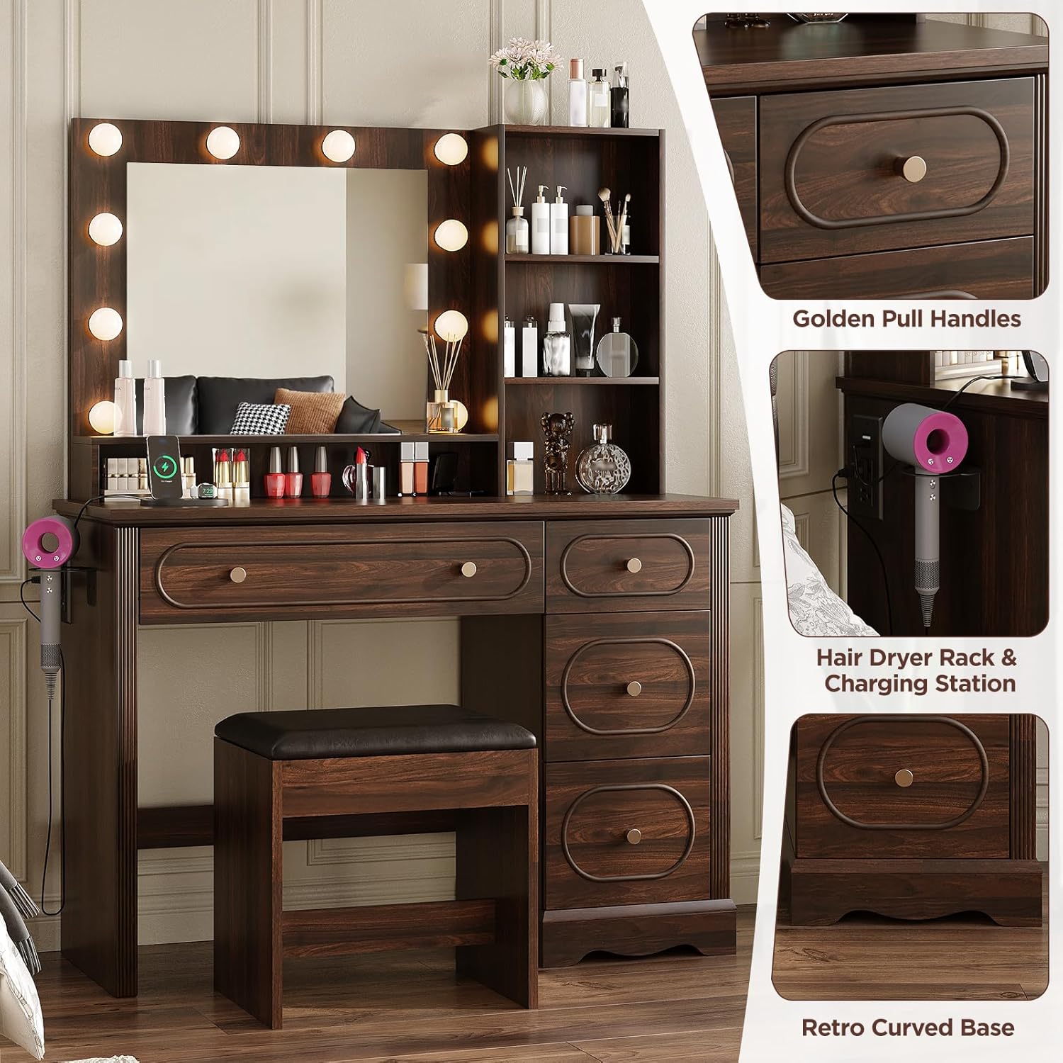 Vabches 42" W Walnut Makeup Vanity Desk with Mirror and Lights and Charging Station, Dark Brown Wood Vanity with Open Storage and Drawers and Stool Chair, Dressing Table Make Up Desk for Bedroom