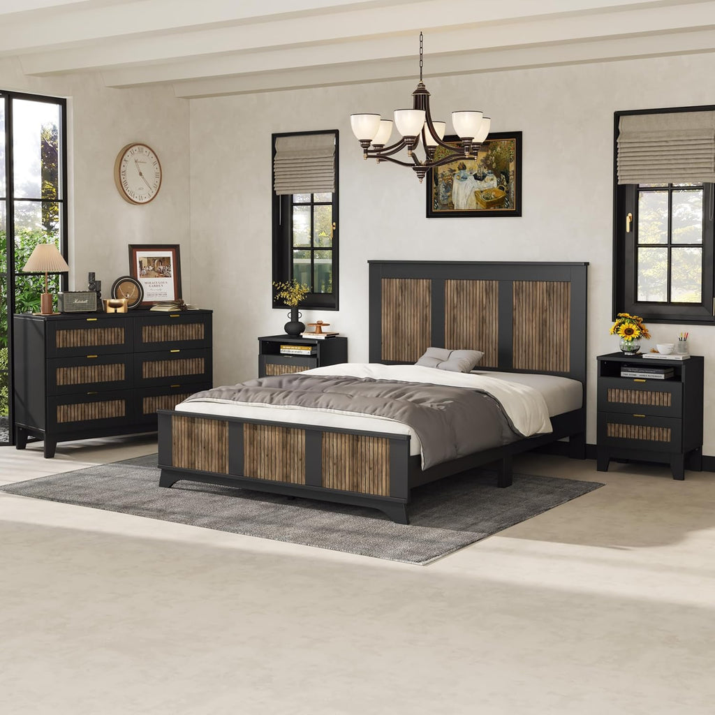 4 Piece Bedroom Furniture Set,Farmhouse Queen Size Platform Bed with Wooden Strip Decoration,2 Storage Nightstand and Dresser with Metal Handles,Wood Bedroom Furniture Set for Home,Bedroom,Black