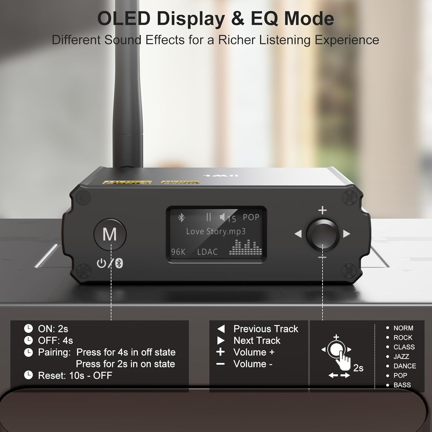 1Mii DS220 Hi-Res HiFi Bluetooth Receiver for Home Stereo, LDAC & aptX HD Wireless Music Receiver with Audiophile DAC, Optical/RCA Outputs for Amplifier & AV Receiver, OLED Display, 7 EQ Modes