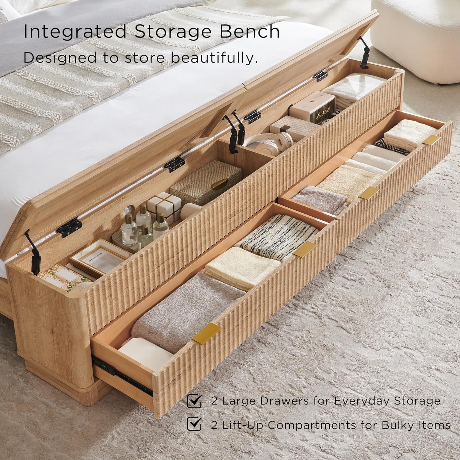 T4TREAM Fluted King Size Bed Frame with Wingback Headboard, Footboard Storage Bench with Built-in Drawers & Lift-Up Compartments, Wood & Steel Platform Bed, No Box Spring Needed, Natural Oak