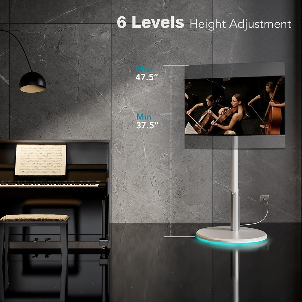 Floor Mobile TV Stand with Power Outlet, Rolling TV Cart for 27-65 Inch OLED LED Monitors, 6 Levels of Height Adjustment, Ambient Lighting on The Bottom Wheels Holds up to 88lbs, 400x400mm
