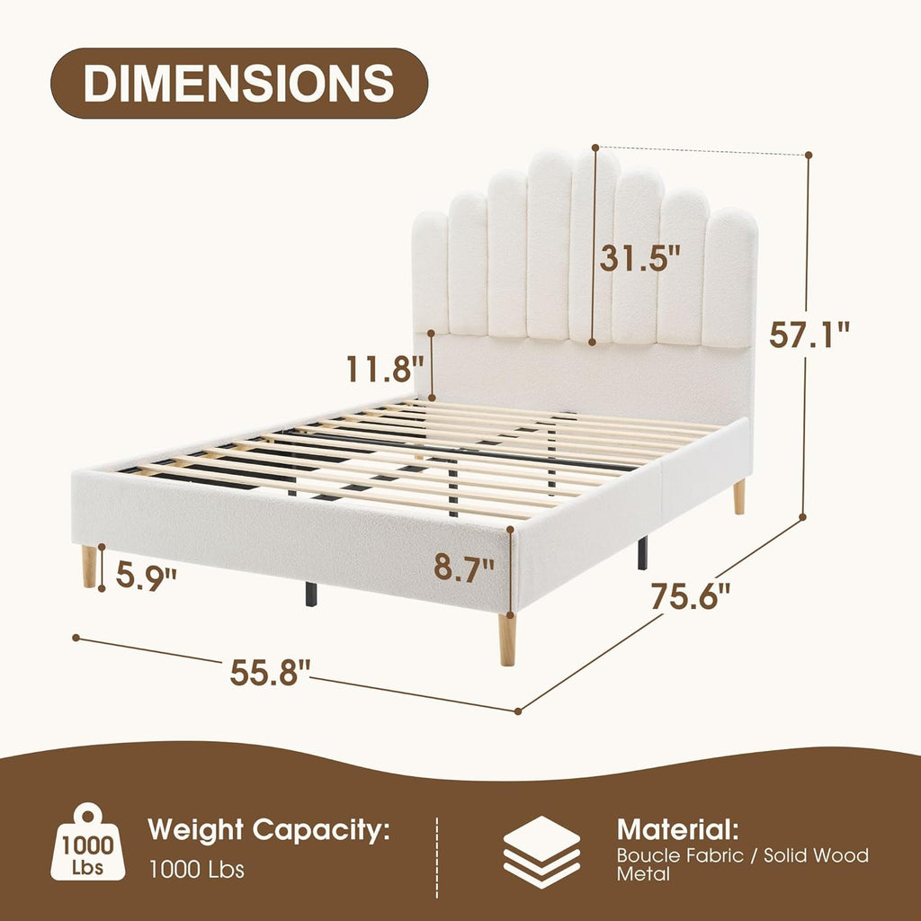 Full Size 57" Tall Boucle Bed Frame with Cloud Upholstered Headboard, Soft Bedframe with Round Corners, Solid Wood Legs, No Box Spring Needed, Easy Assembly, White