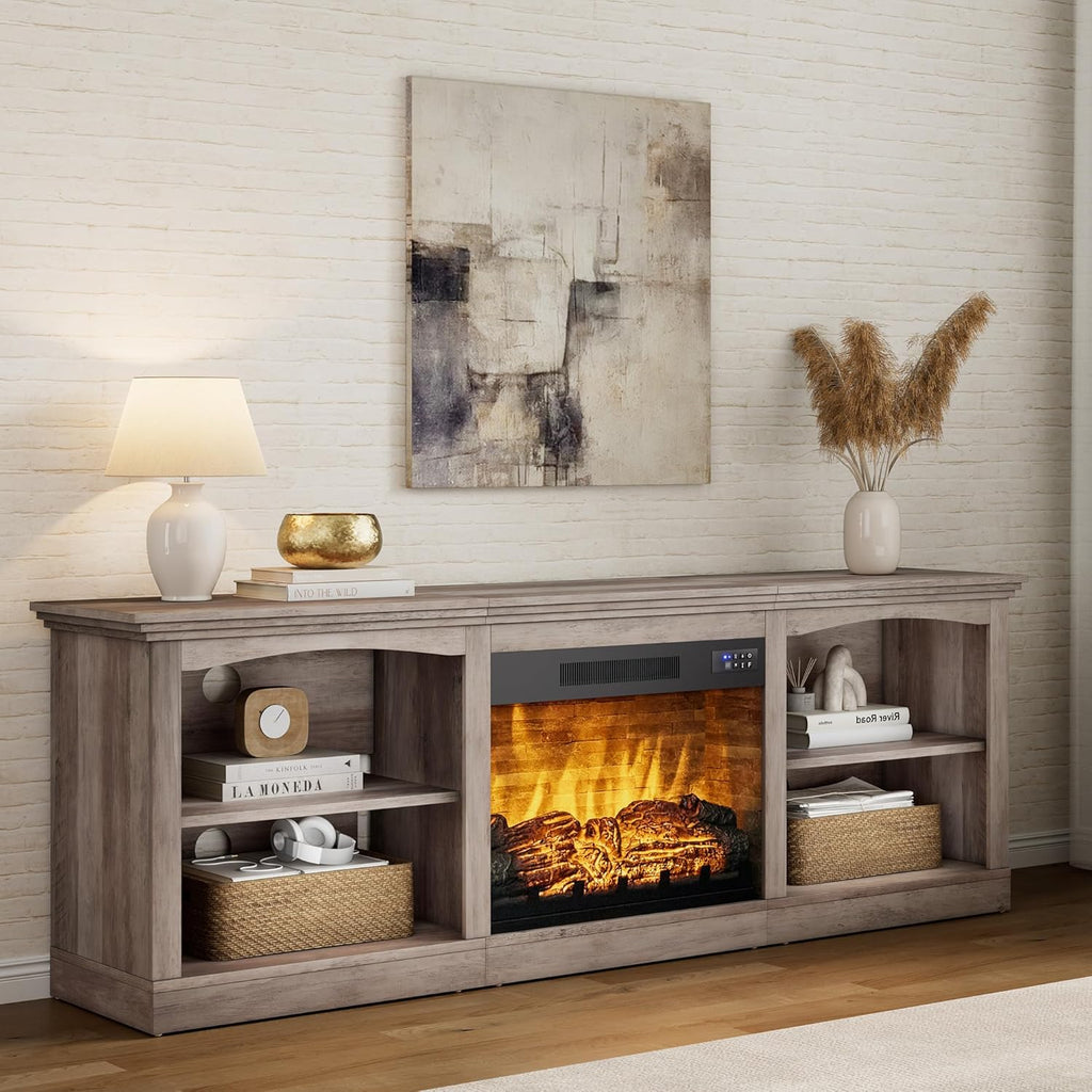 AMERLIFE 70" Farmhouse Fireplace TV Stand for TVs up to 80", Entertainment Center with 23" Fireplace, Open Shelves, One-Box Delivery, Media Console Table for Living Room, Rustic Grey